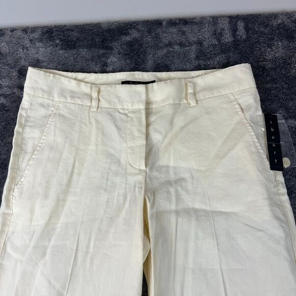 Theory Emery Linen Off-White Wide Leg Pants Pockets Women's 2 Chino NWT - Picture 4 of 10